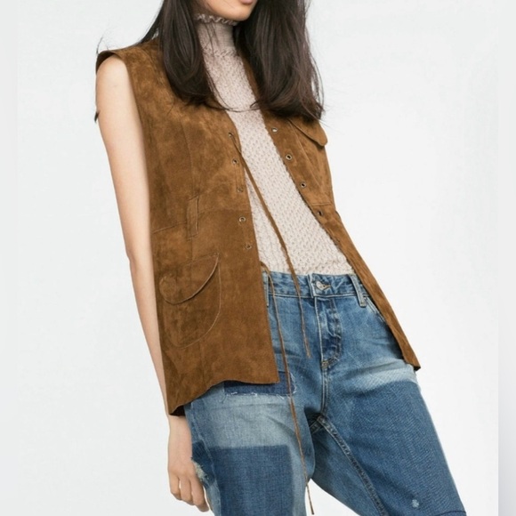 Zara 100% Leather Brown Suede Vest size Medium - Picture 2 of 7